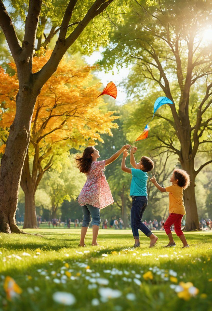 A vibrant family playing together in a sunlit park, engaging in fun activities like kite flying, frisbee tossing, and picnicking. Children are laughing, parents are smiling, surrounded by blooming flowers and tall trees, creating an atmosphere of joy and connection. The scene should evoke warmth and togetherness, with playful colors and dynamic movement. super-realistic. vibrant colors. soft focus.