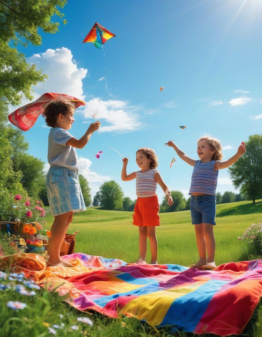 A vibrant summer scene showcasing kids engaged in creative outdoor activities like painting, flying kites, and building a fort with colorful blankets. The sun shines brightly in a clear blue sky, with lush green grass and blooming flowers surrounding the children. Their joyful expressions and dynamic poses capture the essence of adventure and creativity. Playful summer vibes. super-realistic. vibrant colors.