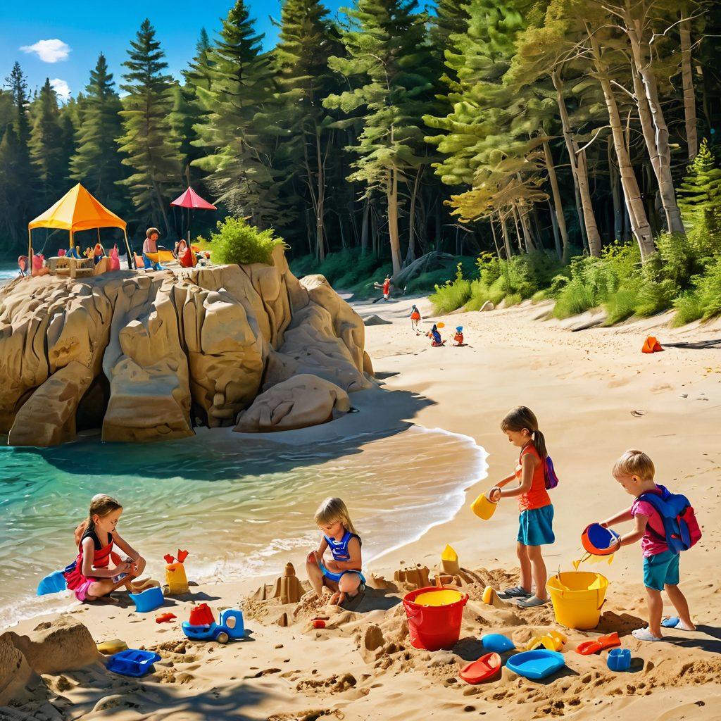 A whimsical beach scene featuring children building elaborate sandcastles under a bright sun, transitioning to a vibrant forest where kids explore nature with magnifying glasses and backpacks. Playful elements like colorful beach toys and curious woodland creatures should be included, symbolizing the joy of summer play. The overall atmosphere should radiate warmth and adventure. vibrant colors. super-realistic.